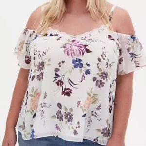 Pre-loved White Floral Crinkle Chiffon Cold-Shoulder Blouse Excellent Condition